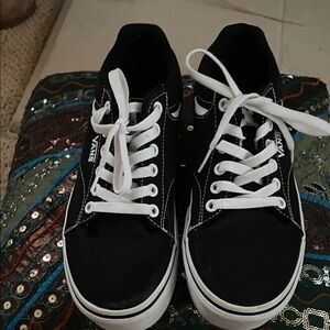 Vans Black Low-Top Canvas Sneakers with White Laces- with some scruff marks